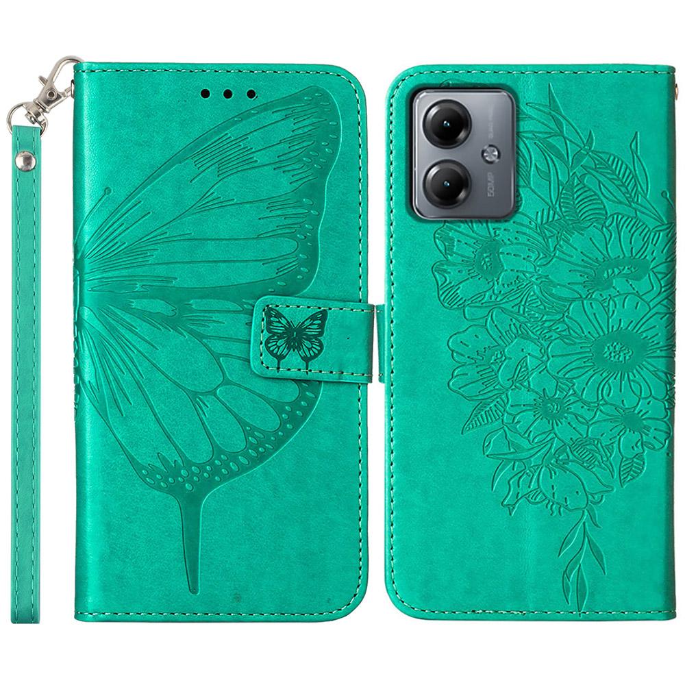 

For Motorola Moto G14 4G Wallet Case with Wrist Strap Butterfly Imprint Leather Phone Cover Green