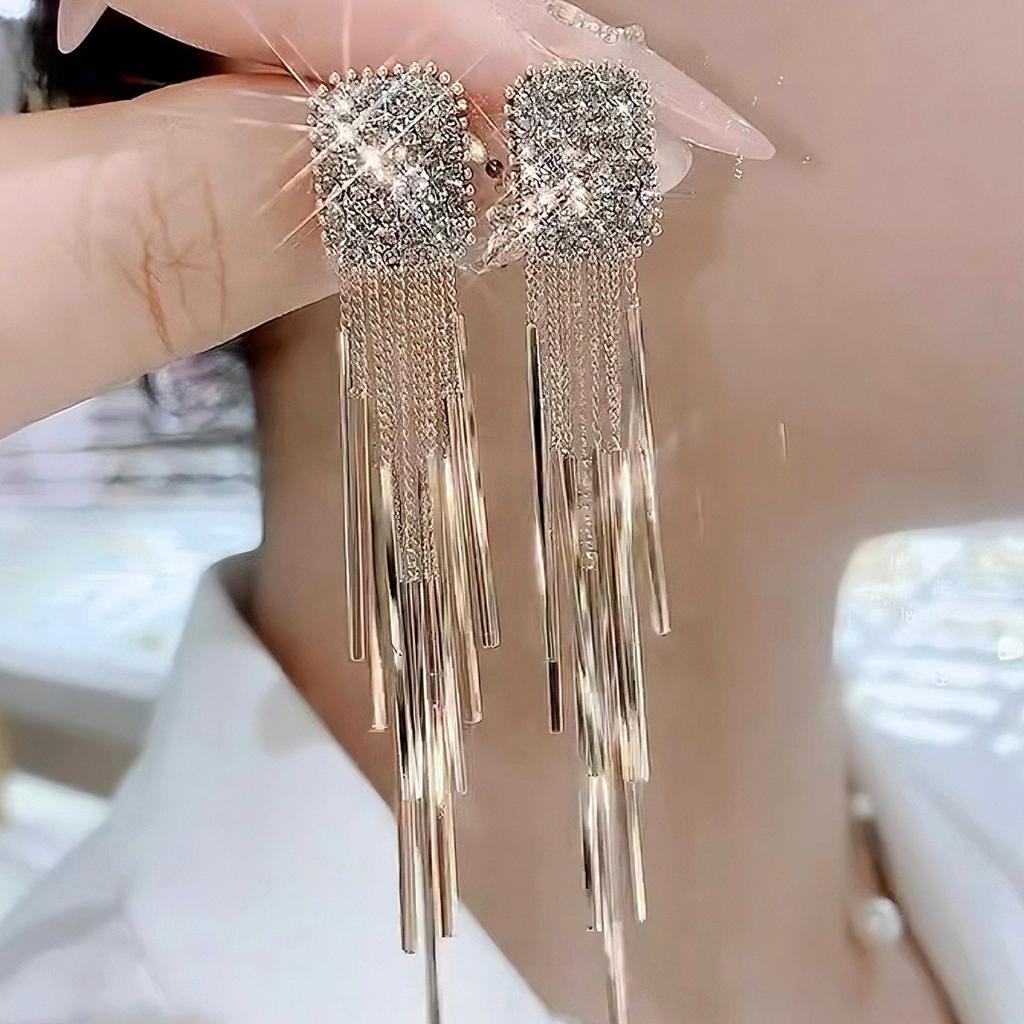 Super Sparkling Temperament Long Tassel Earrings for Women, Light Luxury, Niche Luxury, High-end Feeling, Geometric Earrings Earrings