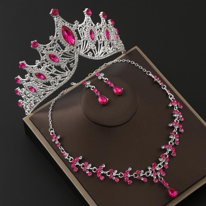 Brautkrone Legierung Strass Stirnband Hochzeit Geburtstag Krone Tiara Halskette Ohrringe Dreiteiliges Set Farbe