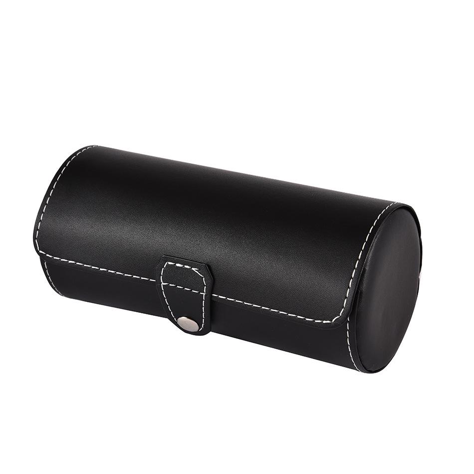 Cylindrical Wooden Leather Watch Box - 3 Slot Compact Storage & Display