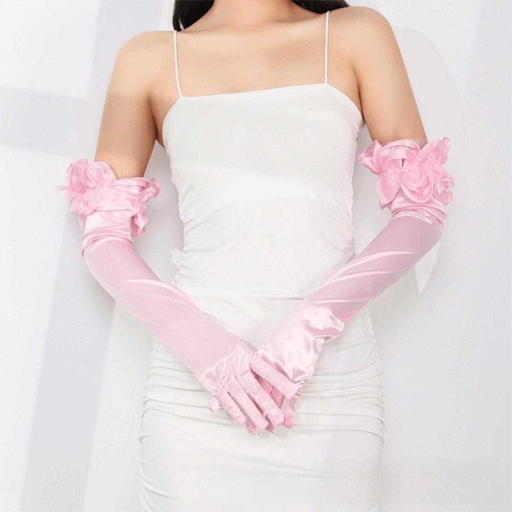 55cm Lace Flower Gloves Wide Ruffle Trim Bride Wedding Gloves Elegent Bridal Gloves  Women