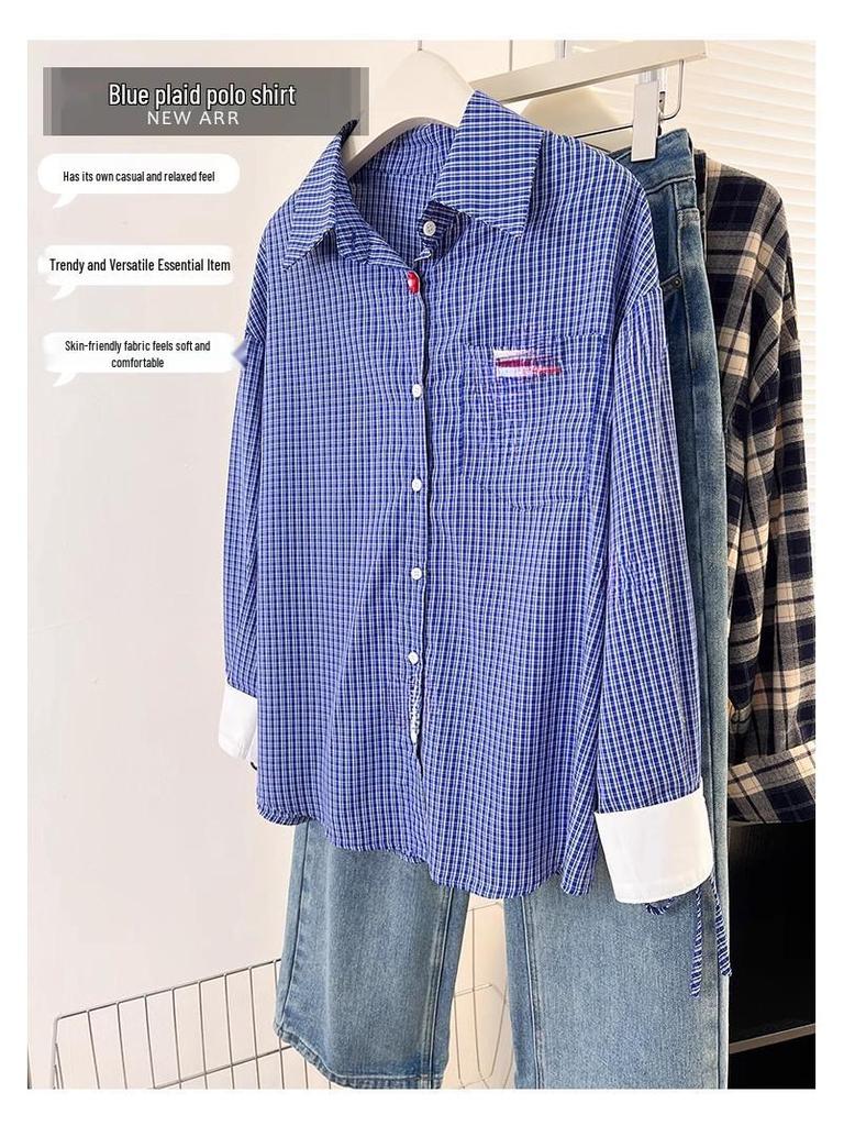 Chic Hong Kong Style Plaid Shirt for Women - Petite, Long-Sleeved, Perfect for Fall/Winter Commutes, Stylish and Versatile.