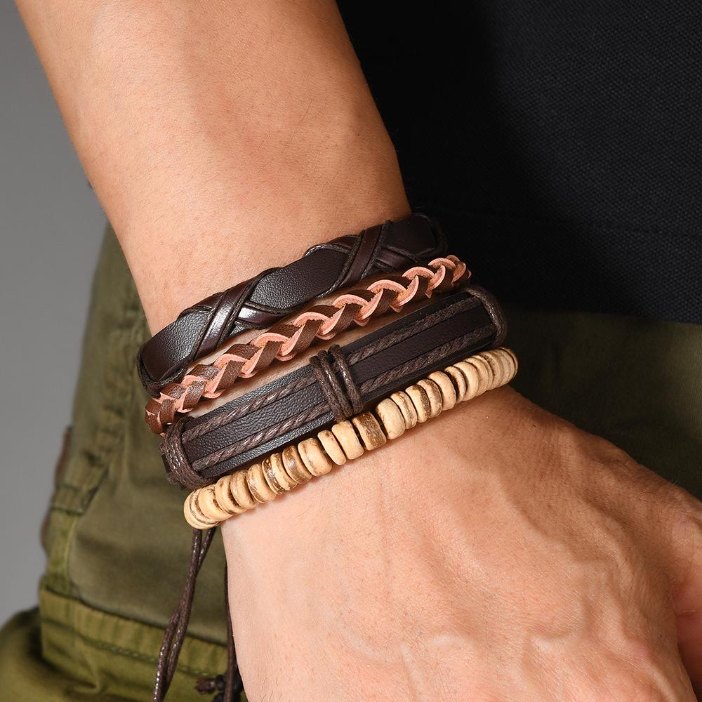 Ensemble de Bracelets pour Homme Tressés en Cuir de Coquille de Noix de Coco Rétro Européen et Américain