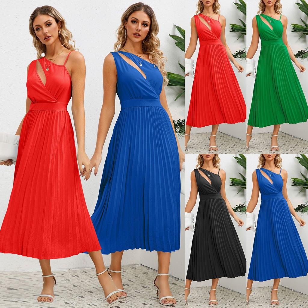 

Women Fashion Casual Elegant Party Suspender Strap Sleeveless Hollow Out Pleat Midi Long Dress