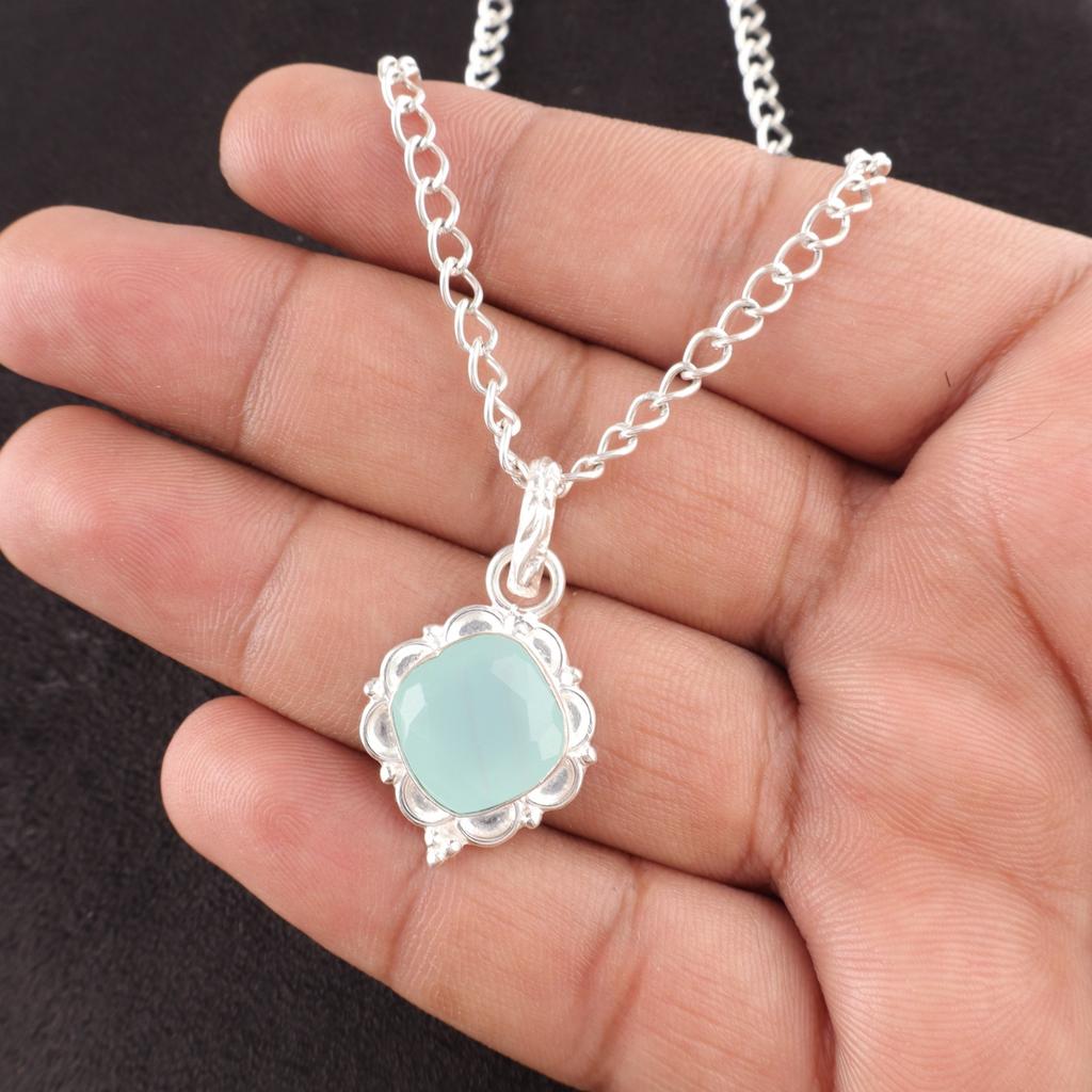 Throat Chakra Aqua Chalcedony Stone 925 Sterling Silver Birthday Pendant Jewelry PP-2-15