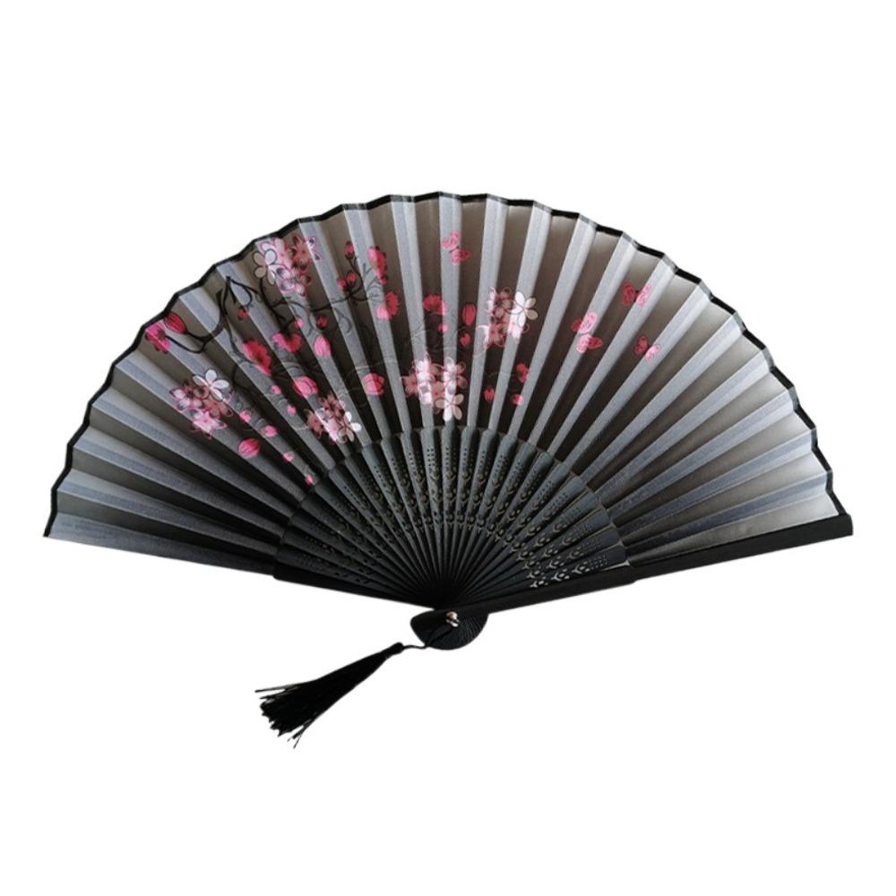 1pc 21cm Chinese Japanese Folding Fan Vintage Cloth Folding Fan Wooden Shank Classical Dance Fan Tassel Female Fan Home Decor