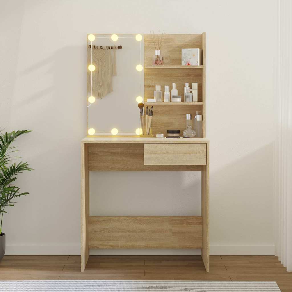 Makeup Vanity with LED Lights Sonoma Oak Finish 74.5 x 40 x 141 cm Engineered Wood
