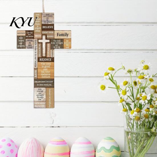 Handcrafted Wood Cross Decor Easter Wooden Ornament, Rustic Hanging Pendant with Hemp Rope Wall for Decor, Religious Home Decoration, Solid Scripture