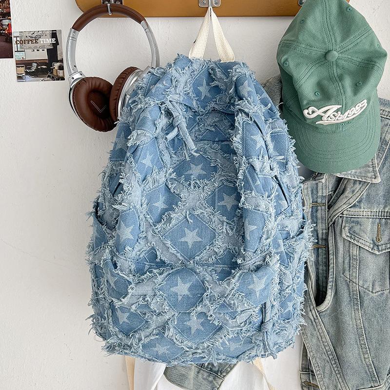Schoolbag large capacity denim rough edge star schoolbag female college student simple versatile backpack design sense trendy backpack