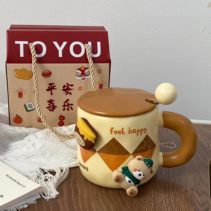 Creative magnetic bear mug cute ceramic mug with lid spoon Korean coffee cup large capacity drinking cup