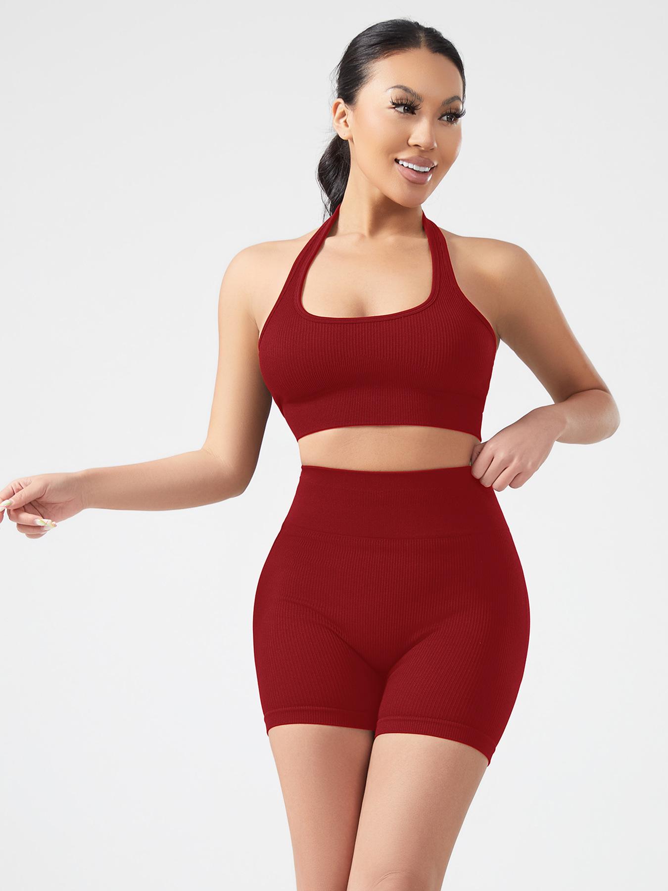 Европейский весенне-летний бесшовный ребристый топ-халтер для йоги, комплект - Высокая талия, персиковый, для фитнеса и бега L вино красного