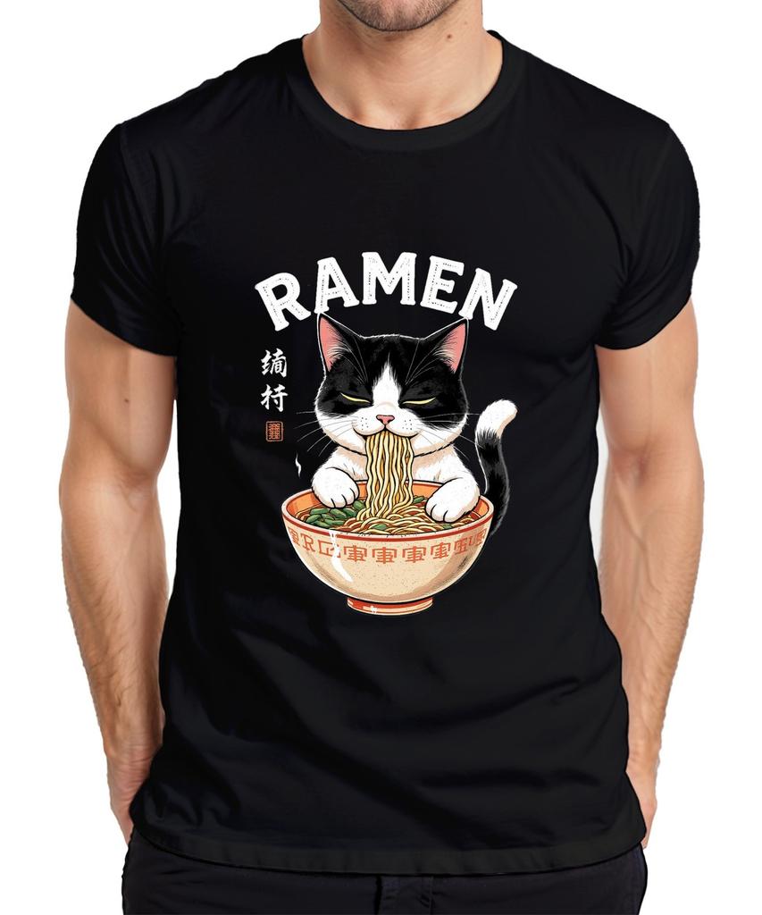 Raunisex Cat Noodles Food Japanese Funny Gift Vintage Unisexs Tshirt