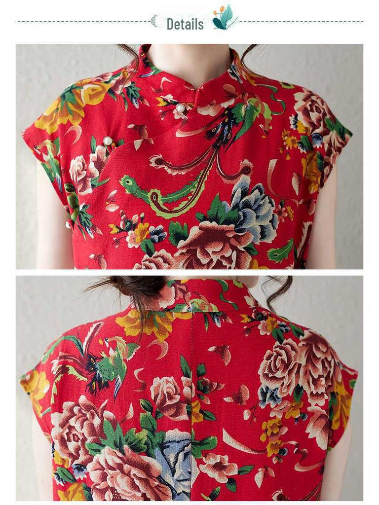 2024 Summer Retro Floral Cotton-Linen Cheongsam with Side Slit and Stand-Up Collar