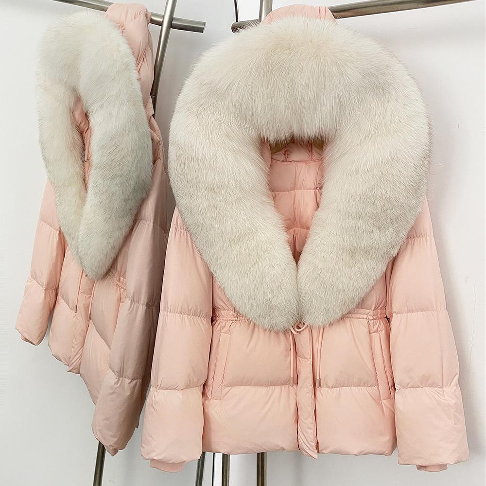 Removable oversized fox fur collar women's short down jacket women's winter new hooded waist and thin fur jacket