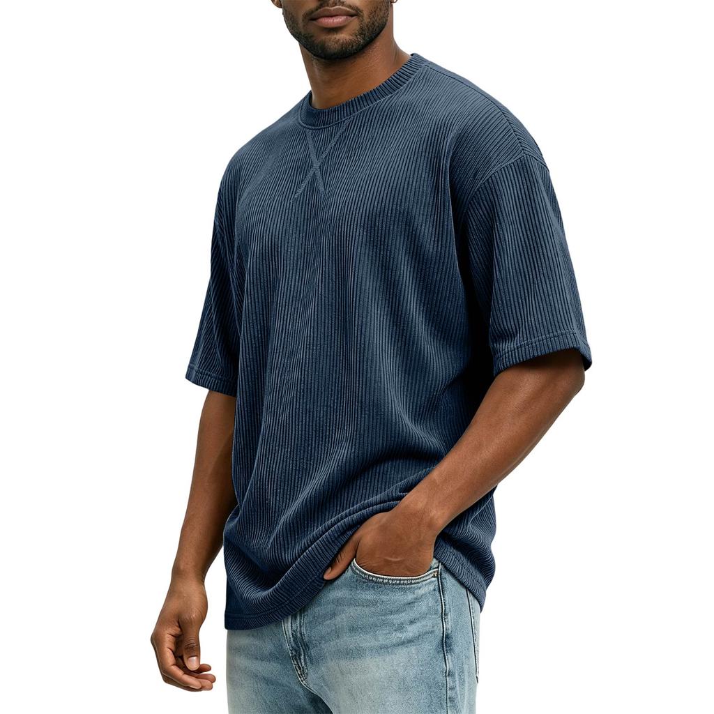 T-shirt da uomo in velluto a coste, vestibilità larga, girocollo, manica corta, top casual