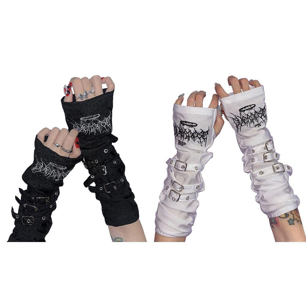 Kreativní kovová přezka Návleky na paže Tmavý Punk Y2K Rukavice bez prstů Výšivka Japonské Cosplay Rukavice Dámské
