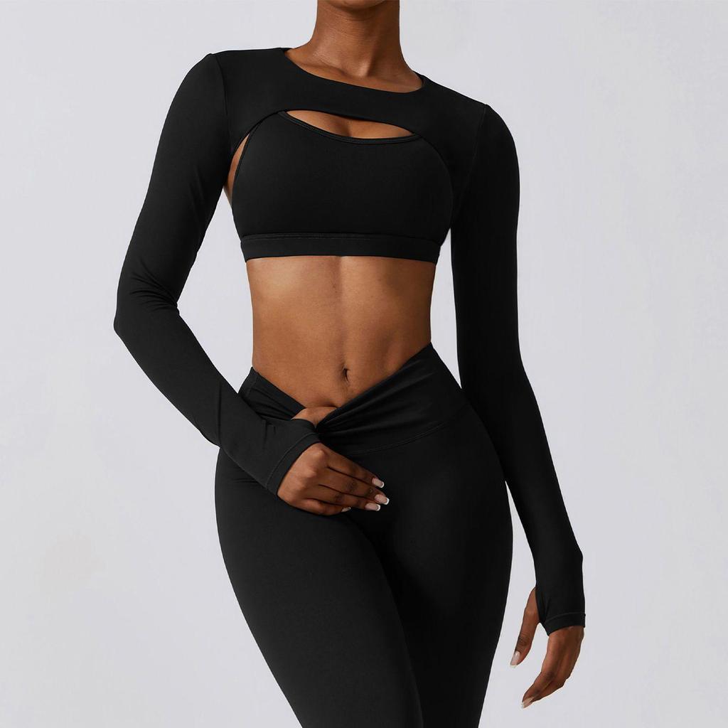 Women's Two-Piece Yoga Set: Sexy Crop Top with Built-in Bra & Thumbholes for Outdoor Sports