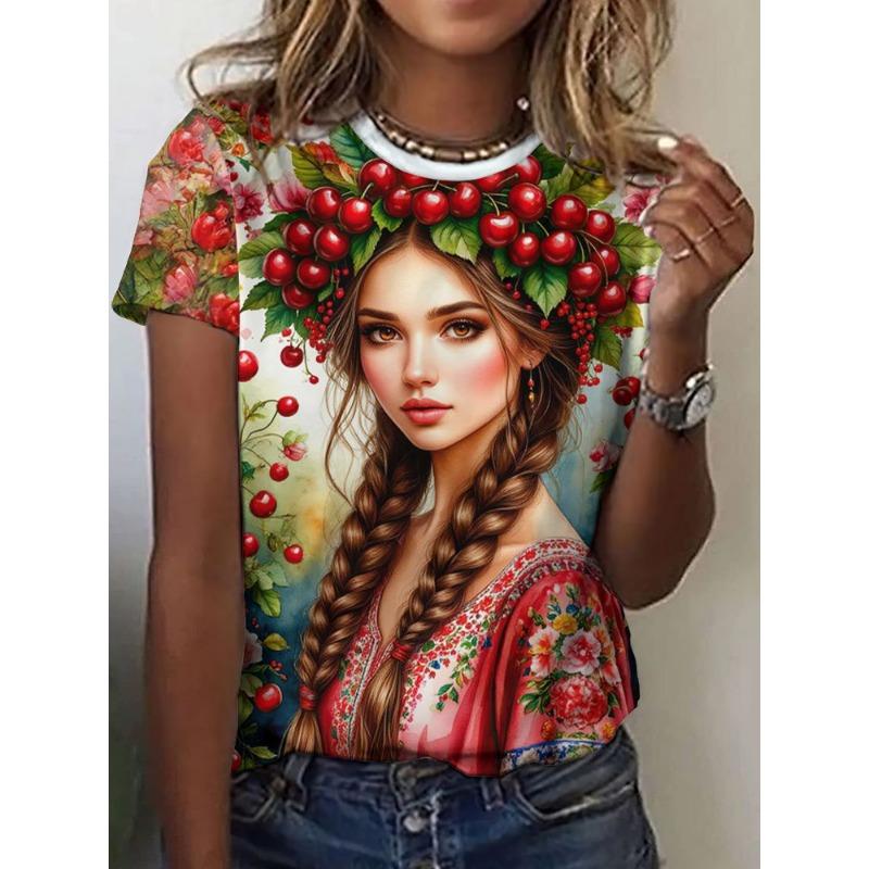 Russian Girl T-Shirts Floral 3D Print Summer Women Casual Round Neck Short Sleeve T Shirt Tees Harajuku Y2K Tops Female Clothing