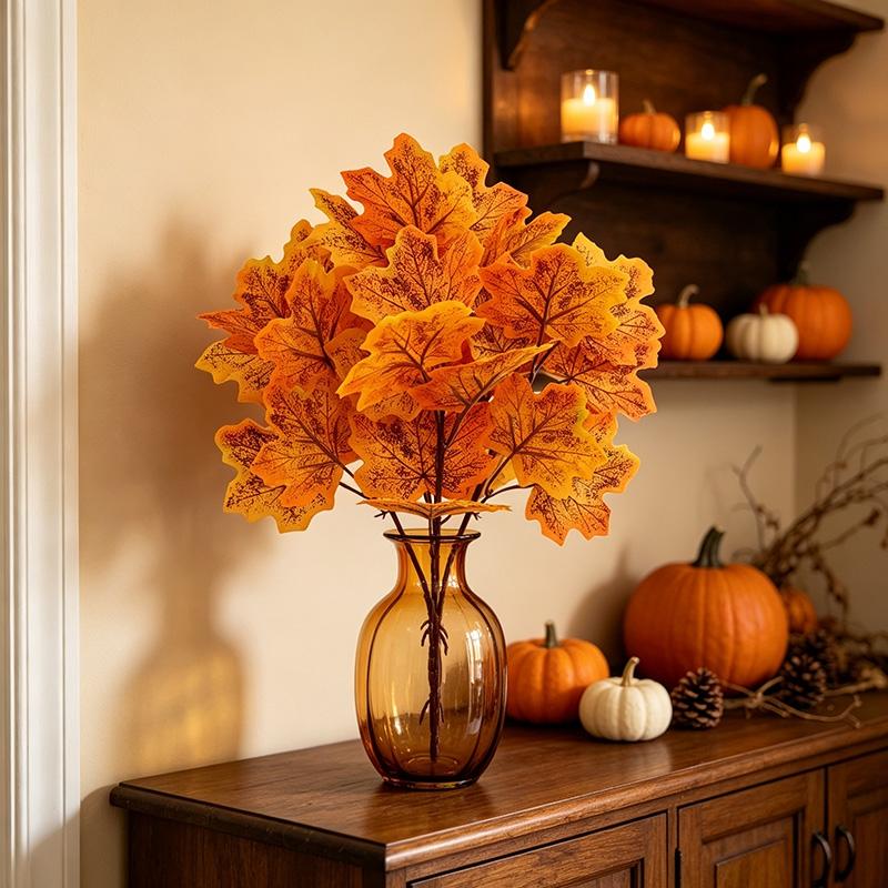 Artificial Maple Leaf Flower Vase Decor Simulation Maple Leaves Halloween Thanksgiving Day Decoration Home Decor