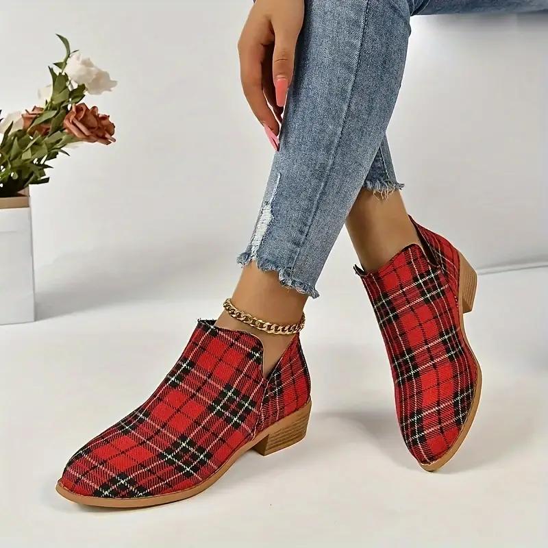 Fashion Ankle Boots Women's Christmas Plaid Print Zipper Retro Red Plaid Chelsea Boots Outdoor Platform Shoes Classic Side Booties