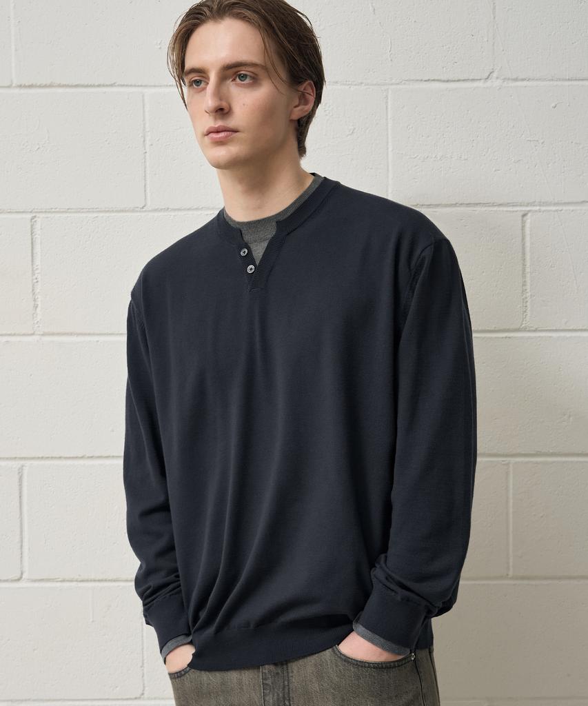 DRAW FIT Double Layered Soft Henley Neck Knit [Navy]