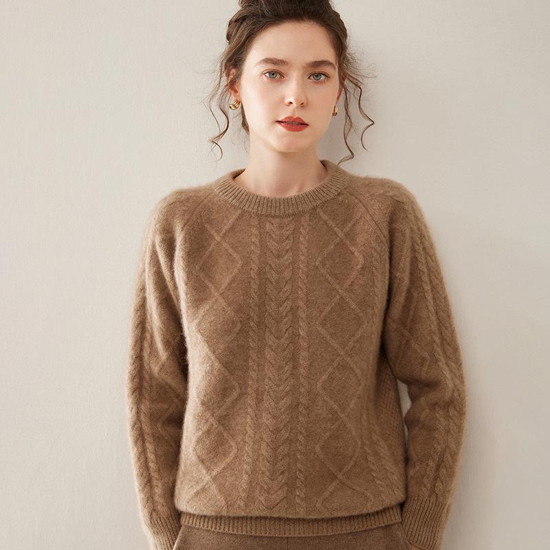 Women's Thickened Cashmere Raglan Sweater - Long Sleeve Jacquard Knit Pullover with Round Neck