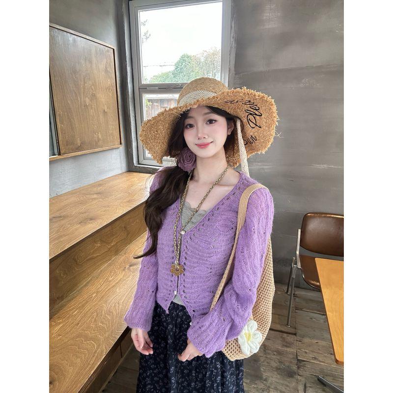 2026 Spring and Autumn New Korean Style Retro Gentle Purple Plus Size Long Sleeve Cardigan Floral Long Skirt Three-Piece Set for Women