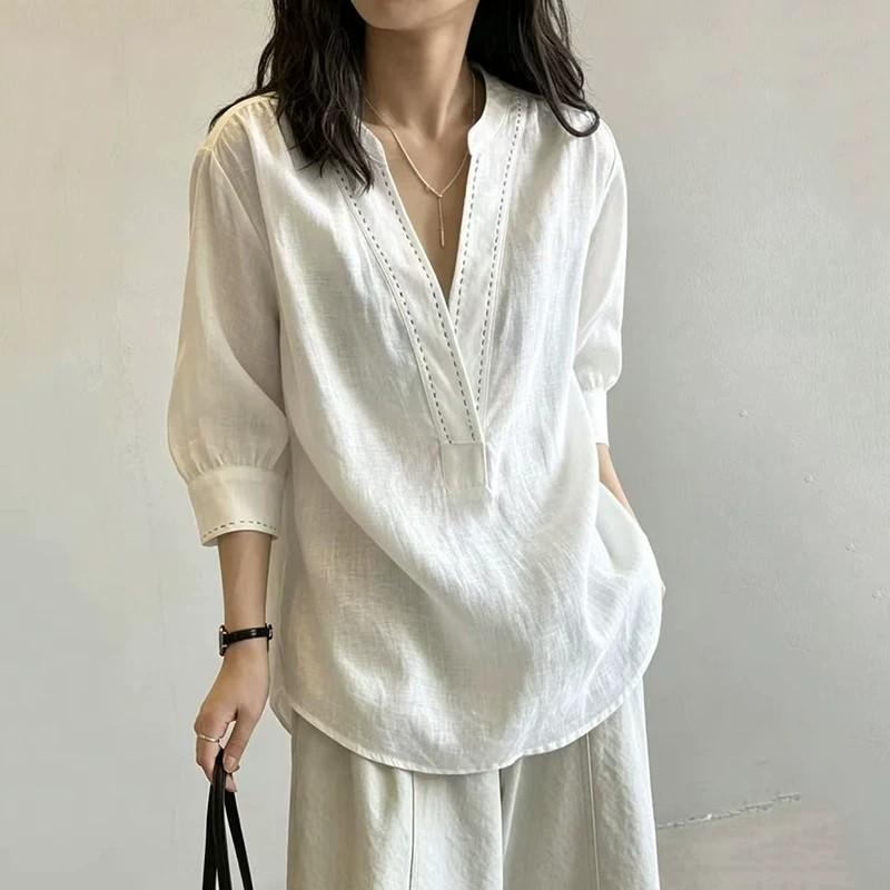 Old money wind wears v-neck white pullover linen shirt women's summer temperament lazy loose cotton and linen top