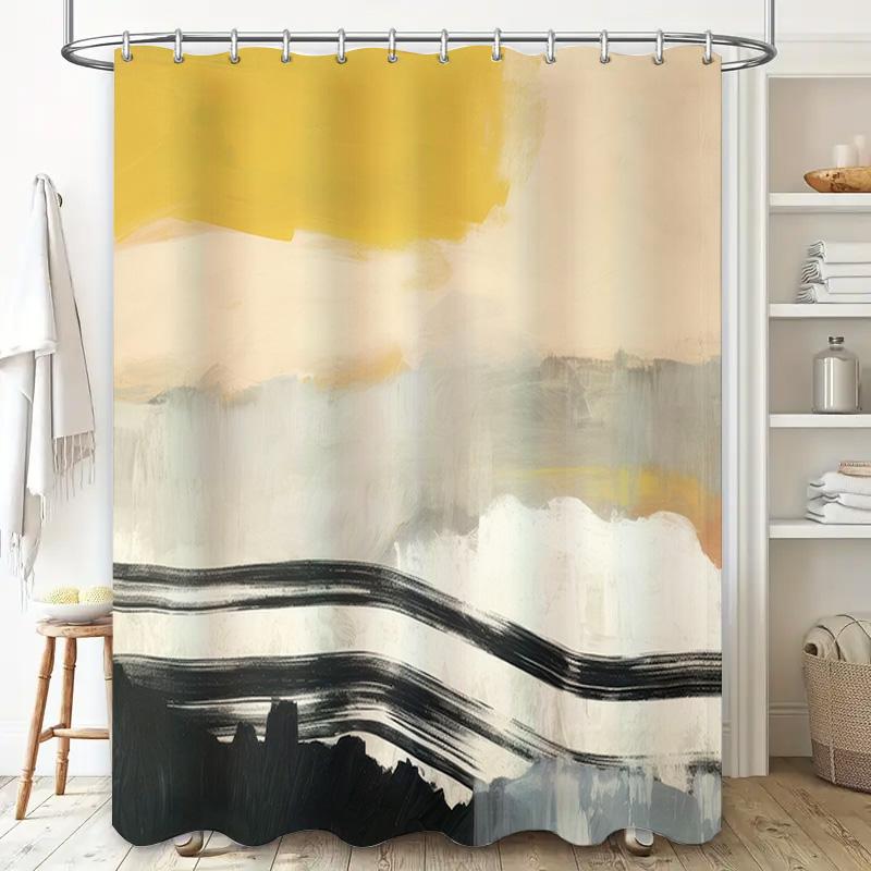 Artistic Shower Curtain DecorModern Black White Yellow Striped Bathroom Accessories Waterproof Fabric with Rings for Home Bath D