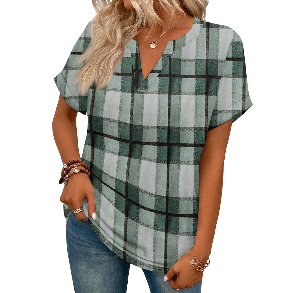Stylish Women's Casual V-neck Short-sleeved Striped Plaid Print T-shirt