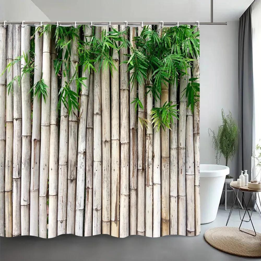 Grønt Bambus Dusjforheng Zen Meditasjon Natur Botanisk Polyesterstoff Dusjforheng Baderomsdekor med Kroker