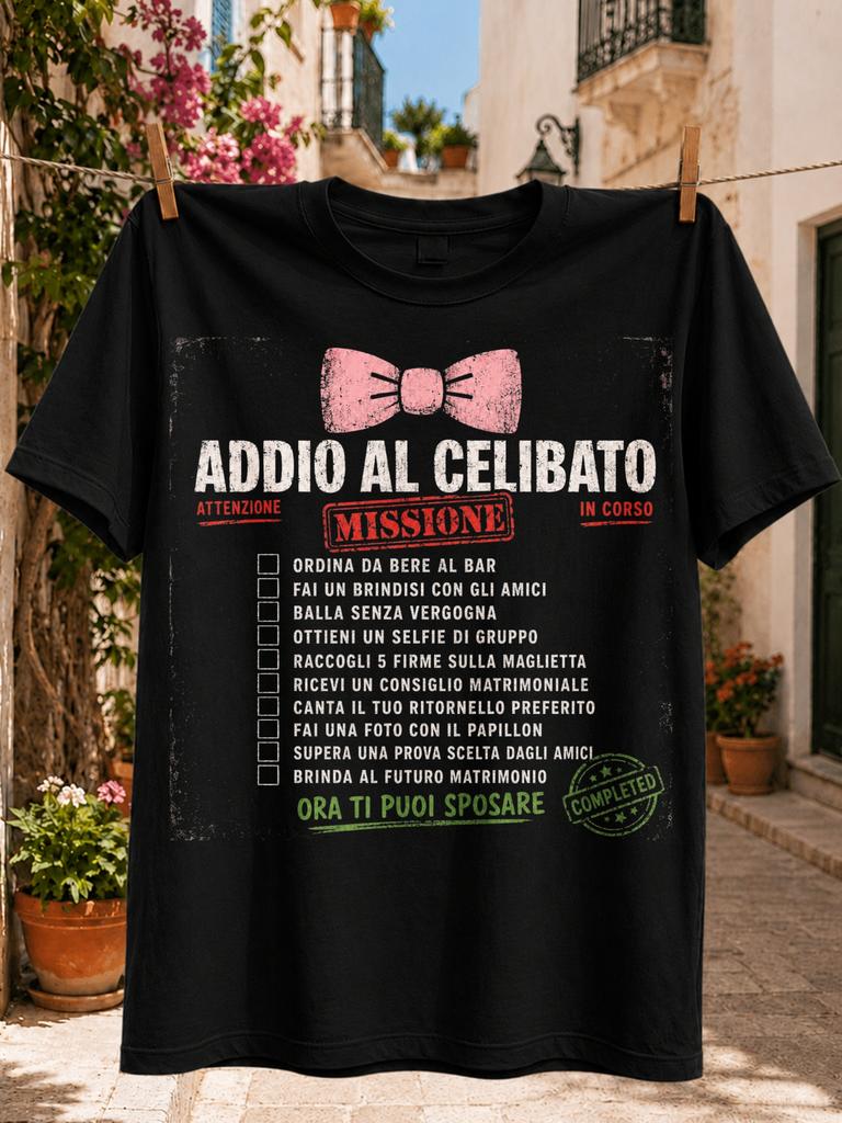 Italian Goodbye Celibacy Mission Checklist Graphic pink bow tie wedding challenge list and green Unisex All TShirt