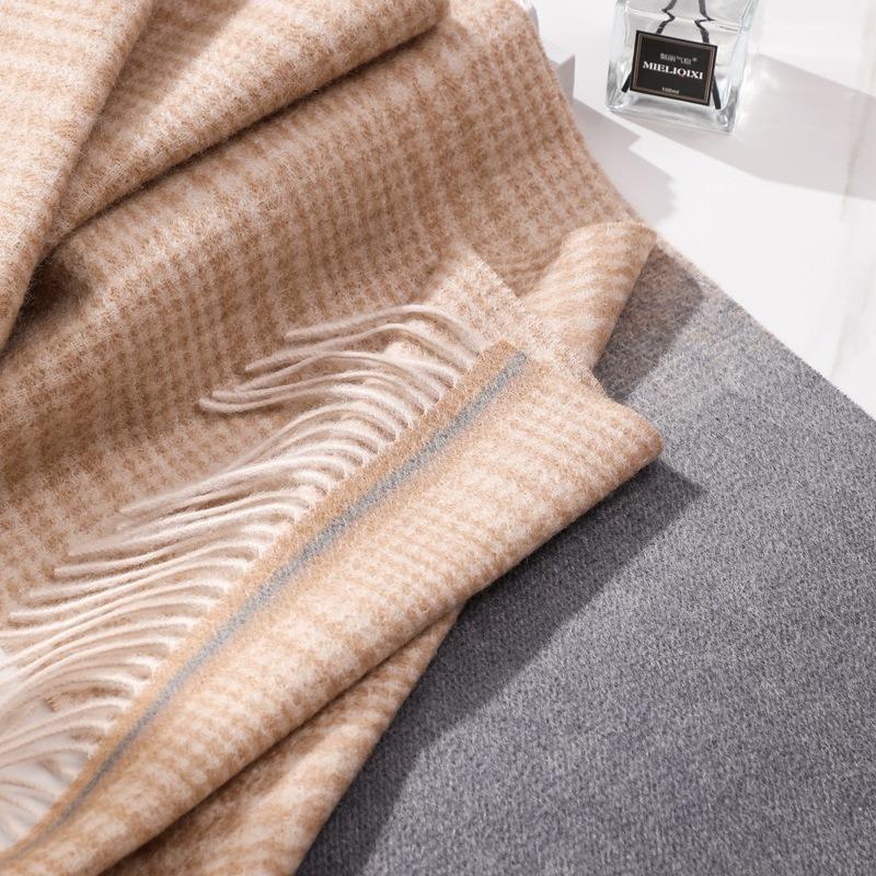 Autumn and winter new water ripple pure cashmere scarf women's luxury thousand bird grid gradual change shawl with thickened fringed scarf