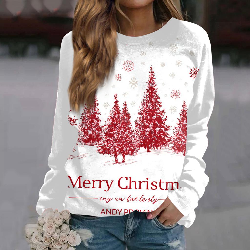 Women's Fashion Casual Long Sleeve Christmas Printed  Neck Sweatshirt Top