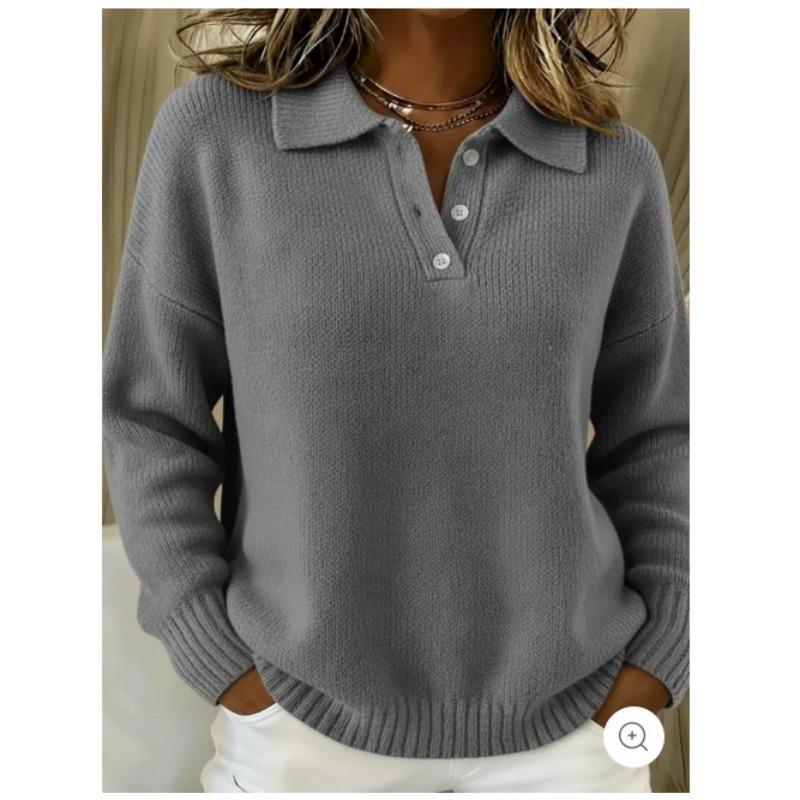 New Autumn and Winter Loose and Lazy Style Soft and Waxy Women's Lapel POLO Shirt Long-sleeved Button Sweater