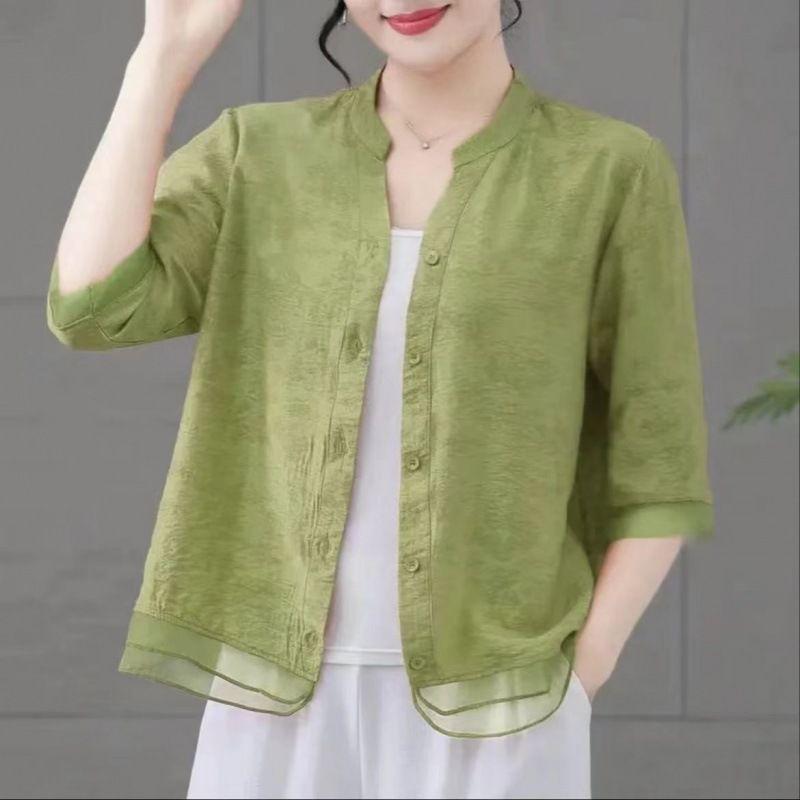 

Праздничный стиль, досуг, зрелый темперамент, свободный крой, дизайн, чувство, кардиган, прохладный, освежающий, женская рубашка с V-образным вырезом, лето XL зелёный