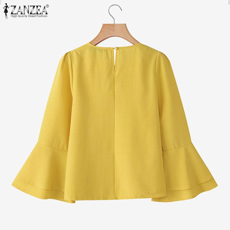 ZANZEA Women Casual Round Neck Flare 3/4 Sleeve Loose Blouse