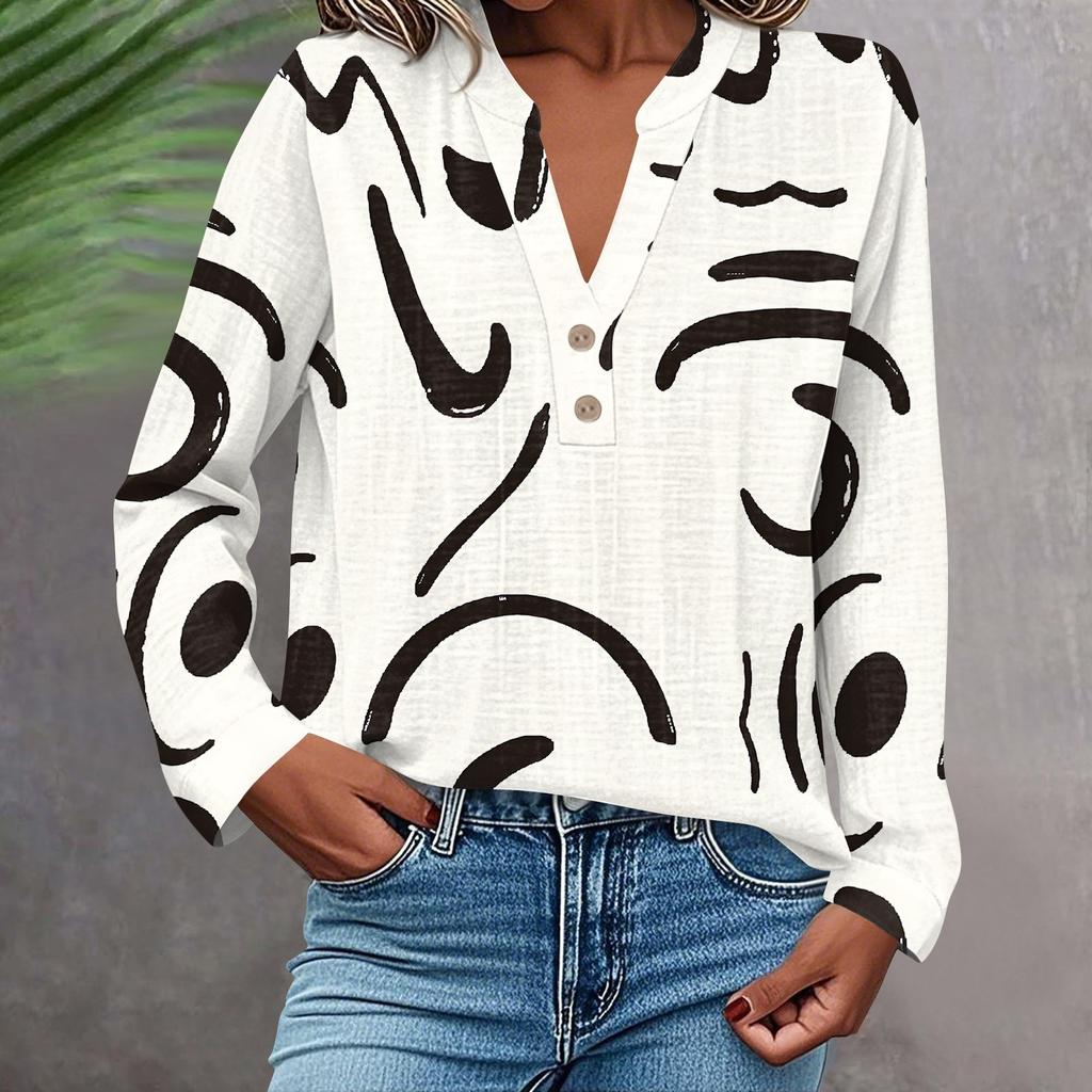 Women's Fashionable And Casual Shirt Long Sleeve V-neck Button Printed Blouse Top