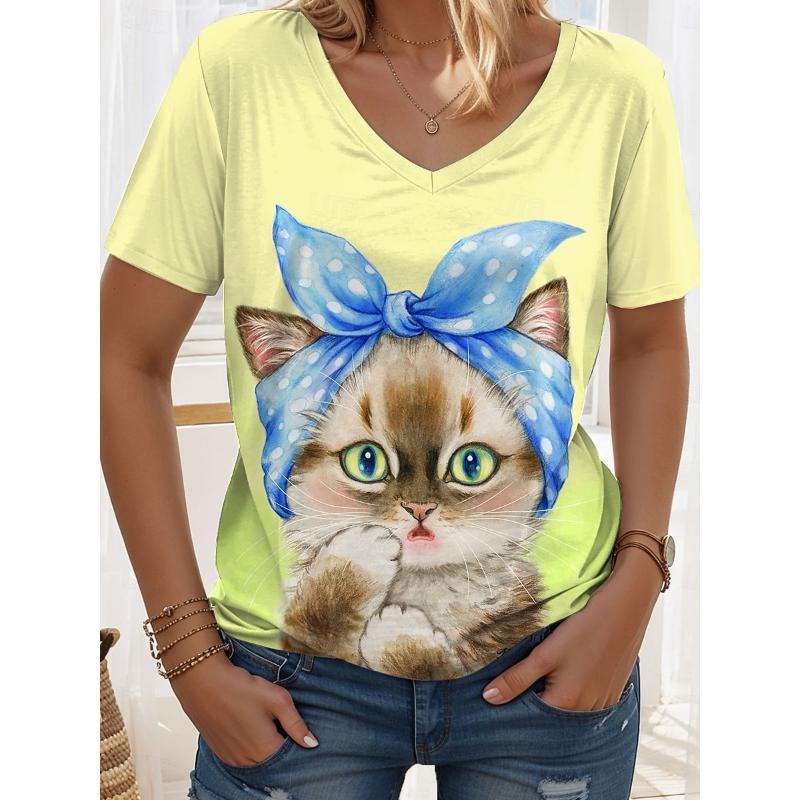 

Kayomi Harai Women s T Shirt Graphic Animal Cat Vintage Stylish Classic Short Sleeve V Neck Regular Tops Daily Print Yellow Summer 3XL