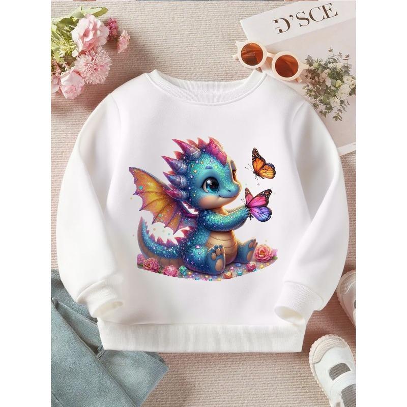 European sizes Kids' Magical Dragon & Butterflies Fantasy Sweatshirt - Toddler Kids' Soft Loose-Fit Pullover with Cute Dragon & Wings Print