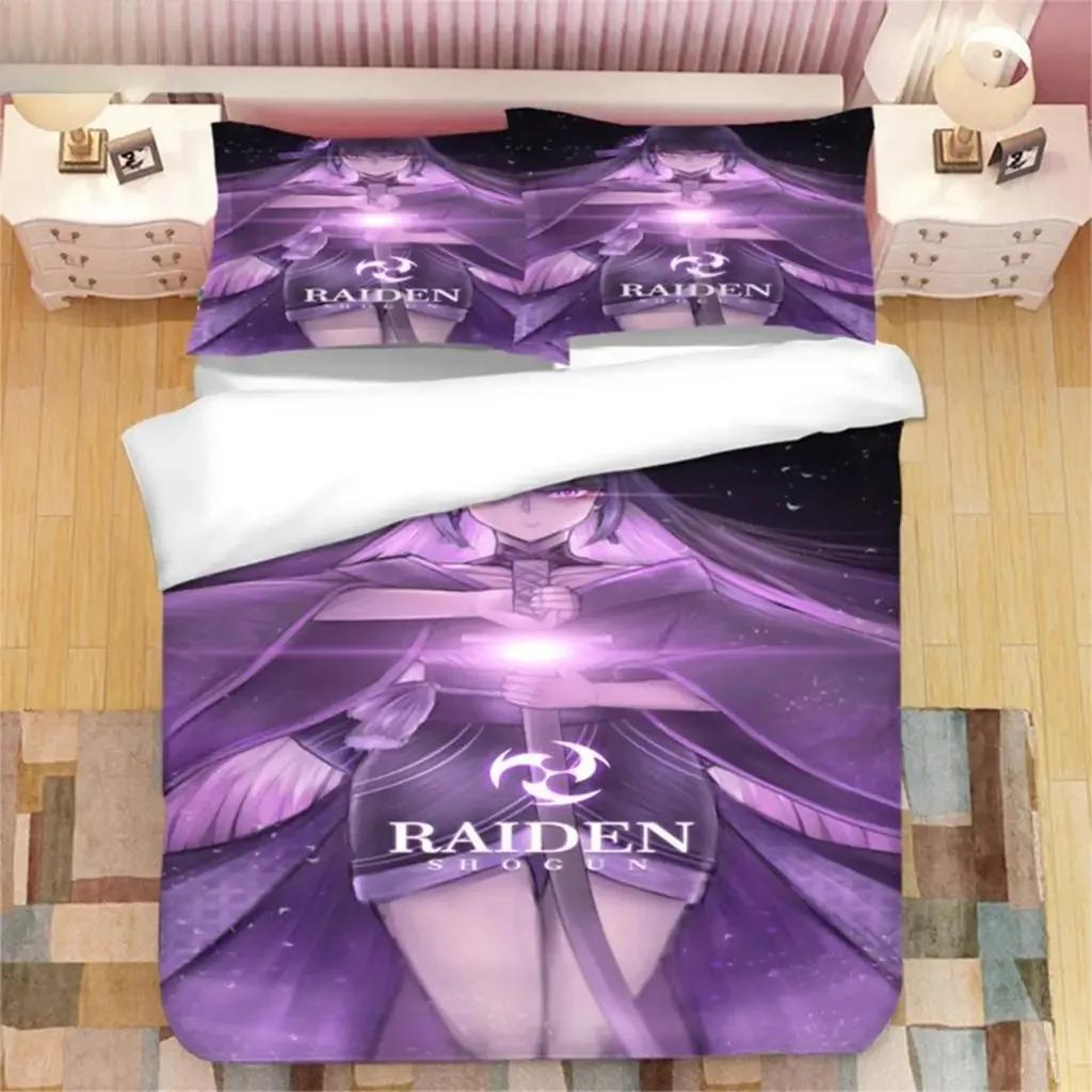 Genshin Impact Raiden Shogun Beding Set Bedrom Soft Modern Bedspreads Comefortable Children Kids Soft Duvet Cover Comfortable Quilt Cover And