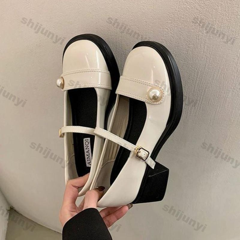 Fashion Women High Heels Mary Jane Shoes New Design Spring Autumn Soft Patent Leather Shoes Female Buckle Round Toe Chunky Single Shoe