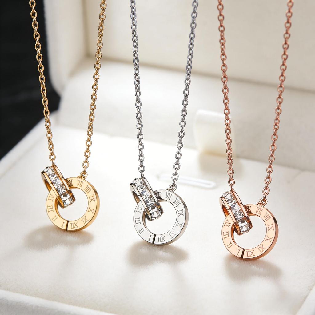 Korean Style Rhinestone Titanium Necklace & Double Ring Jewelry Set
