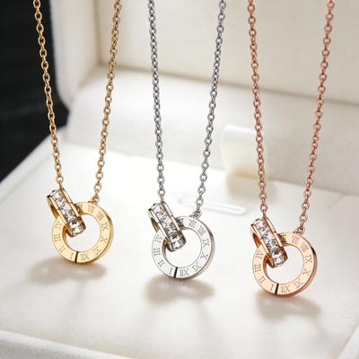 Korean Style Rhinestone Titanium Necklace & Double Ring Jewelry Set
