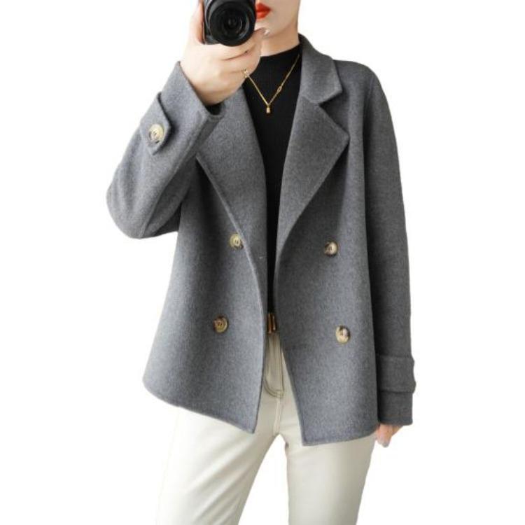Women Double Breasted Woolen Coat Fall Winter Long Sleeve Thickened Warm Loose Lapel Solid Color Formal Business Style