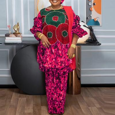 Women Large Size Round Neck Flared Mid Sleeves Printed Tops Skirts Sets