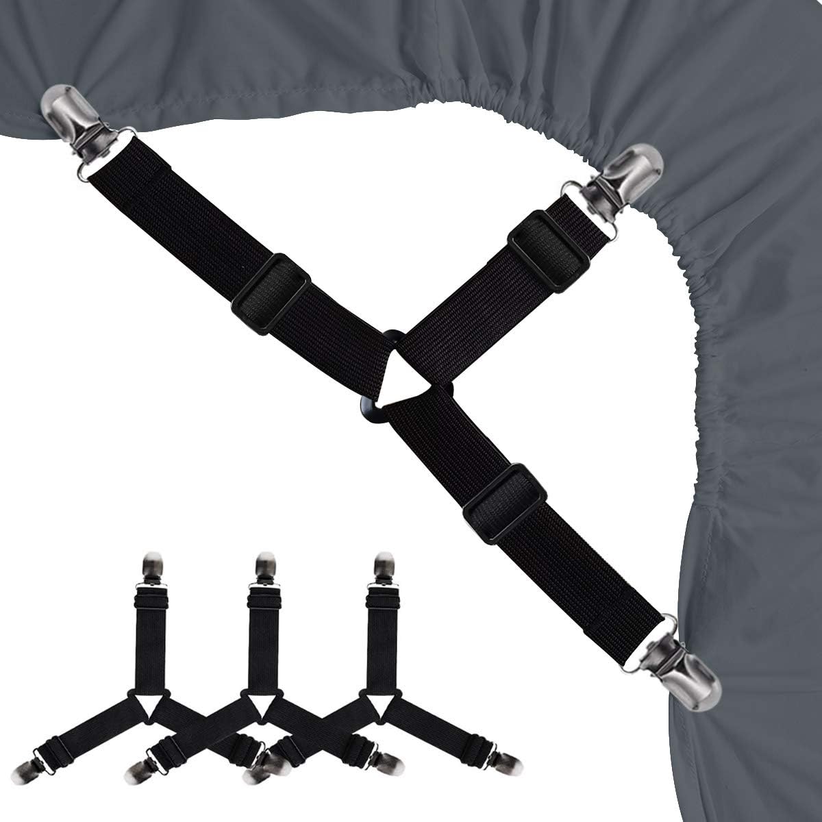 Bed Sheet Holders Straps Fasteners - 4 Pcs 3 Ways Sheet Fasteners Fitted Sheet Corner Grippers Holder Elastic Adjustable Sheet Clip Hooks Suspenders Black 4pcs Set