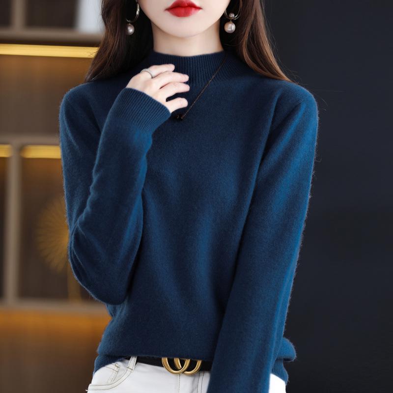 Autumn Winter 100% Wool High-Collar Long Sleeve Loose Knit Sweater Dress