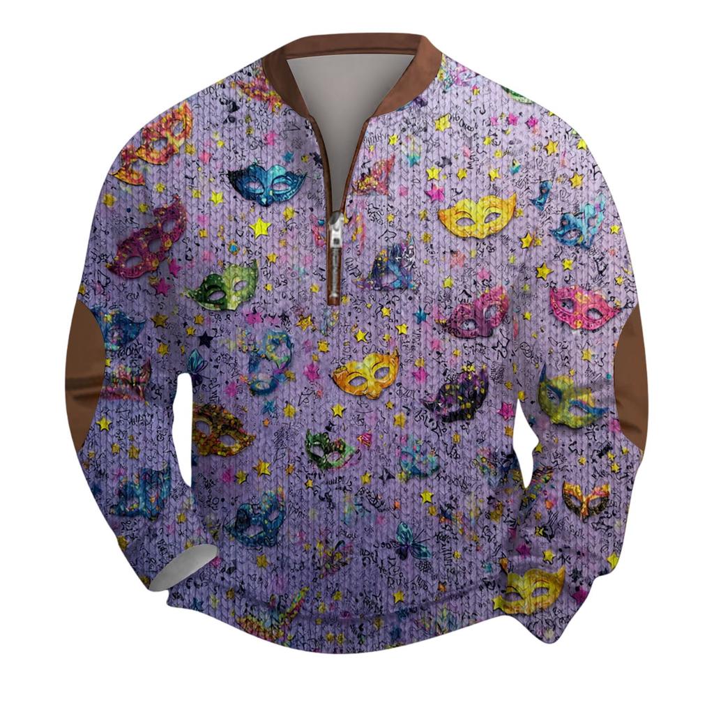 Mens Christmas Sweater Zip Up Sweatshirts Vintage Knit Graphic Sweatshirt CarnivalStand Collar Pullover