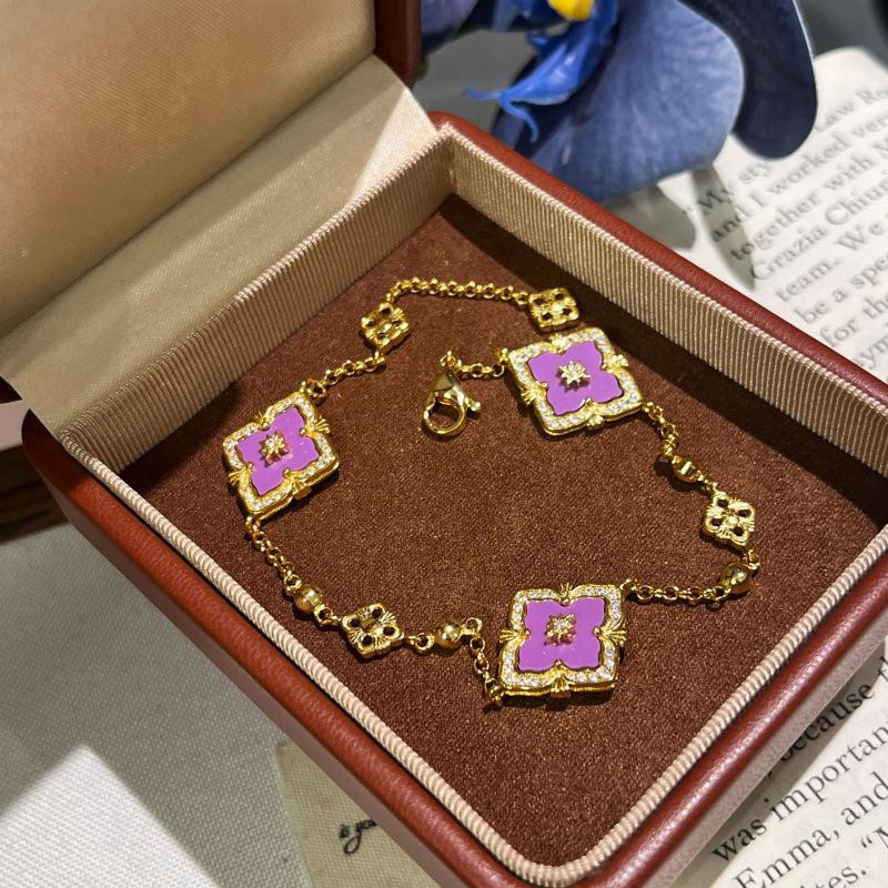 Italian Cloth Qi Lati Natural White Fritillary Four-Leaf Clover Bracelet Women'S Fashion Retro Rhombus Chalcedony Jewelry